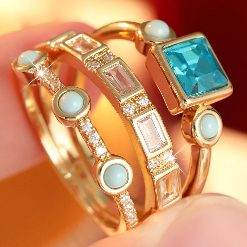 3pcs Luxurious Stackable Ring Set with Navy Blue & Turquoise CZ